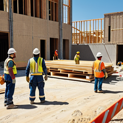 Home 4 **A construction site scene emphasizing safety. Workers are diligently following safety protocols, wearing PPE, and a supervisor is actively engaging with the team, fostering open communication about potential hazards. Bright, sunny day.**