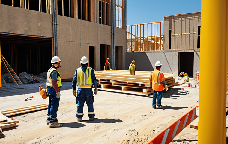 **A construction site scene emphasizing safety. Workers are diligently following safety protocols, wearing PPE, and a supervisor is actively engaging with the team, fostering open communication about potential hazards. Bright, sunny day.**