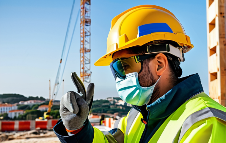 산업안전분야의 최신 안전 장비 트렌드 - Smart PPE in Action**
"A construction worker wearing high-tech, fully clothed safety gear (helmet w...
