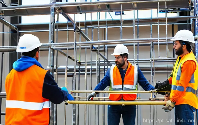 산업안전기사와 고소작업 안전 대책 - **Prompt 2: IoT and Drone Surveillance for High-Altitude Work**
    "A high-angle shot showcasing a ...