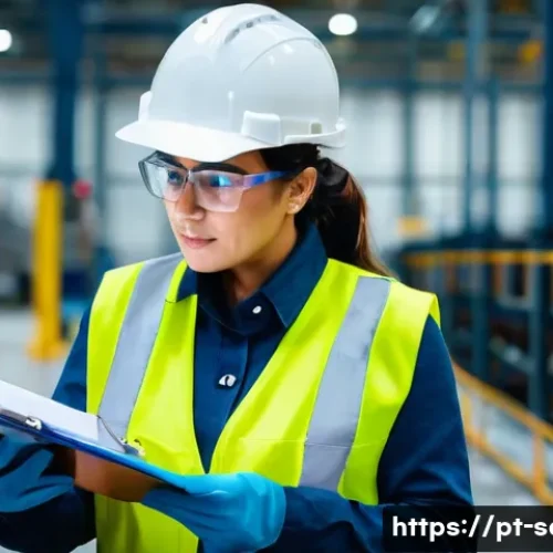 Home 11 산업안전기사 실기시험 채점 기준 - A professional, mid-shot image of a diligent safety engineer, a woman in her early 40s with a focuse...