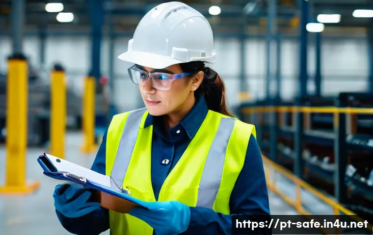 산업안전기사 실기시험 채점 기준 - A professional, mid-shot image of a diligent safety engineer, a woman in her early 40s with a focuse...
