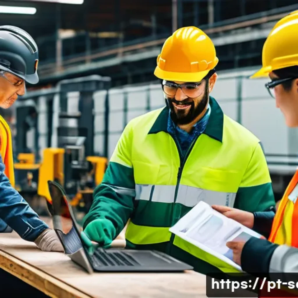 산업안전분야에서의 위험 커뮤니케이션 기술 - A vibrant industrial workplace scene featuring diverse Brazilian workers wearing appropriate safety ...