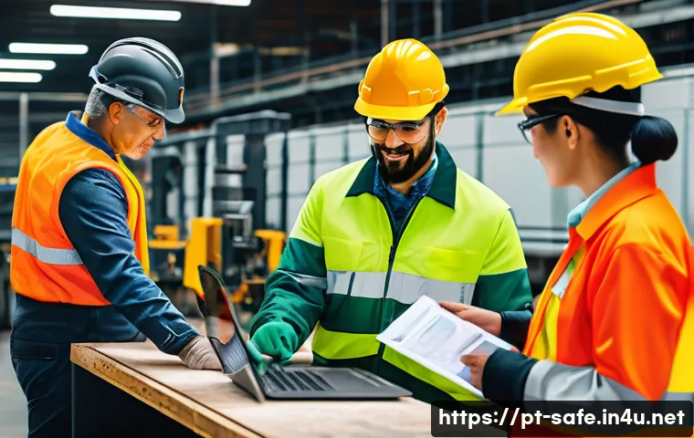 산업안전분야에서의 위험 커뮤니케이션 기술 - A vibrant industrial workplace scene featuring diverse Brazilian workers wearing appropriate safety ...