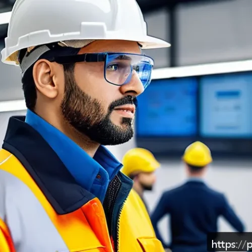 산업안전분야 자격증 취득 후 승진 사례 - A confident industrial safety professional wearing a branded company uniform and safety gear includi...