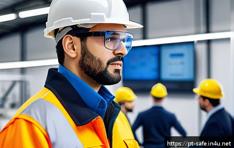 산업안전분야 자격증 취득 후 승진 사례 - A confident industrial safety professional wearing a branded company uniform and safety gear includi...