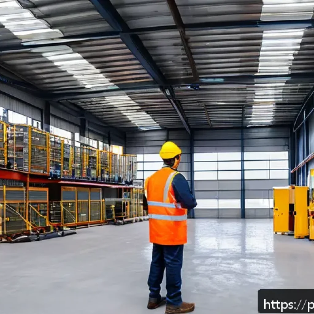 산업안전기사와 화재위험 평가 사례 - A detailed industrial factory interior showing a comprehensive fire risk assessment in progress: eng...