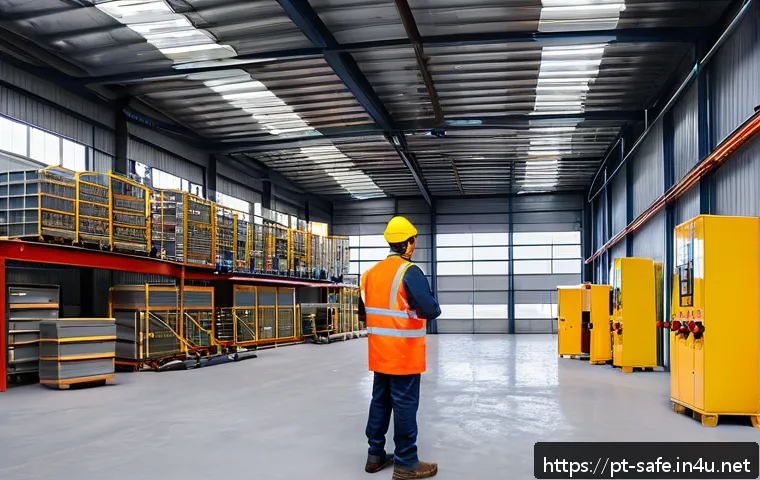 산업안전기사와 화재위험 평가 사례 - A detailed industrial factory interior showing a comprehensive fire risk assessment in progress: eng...