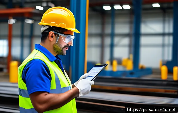산업안전기사와 안전 감사 준비법 - A professional safety inspector in a modern Brazilian industrial factory wearing appropriate persona...
